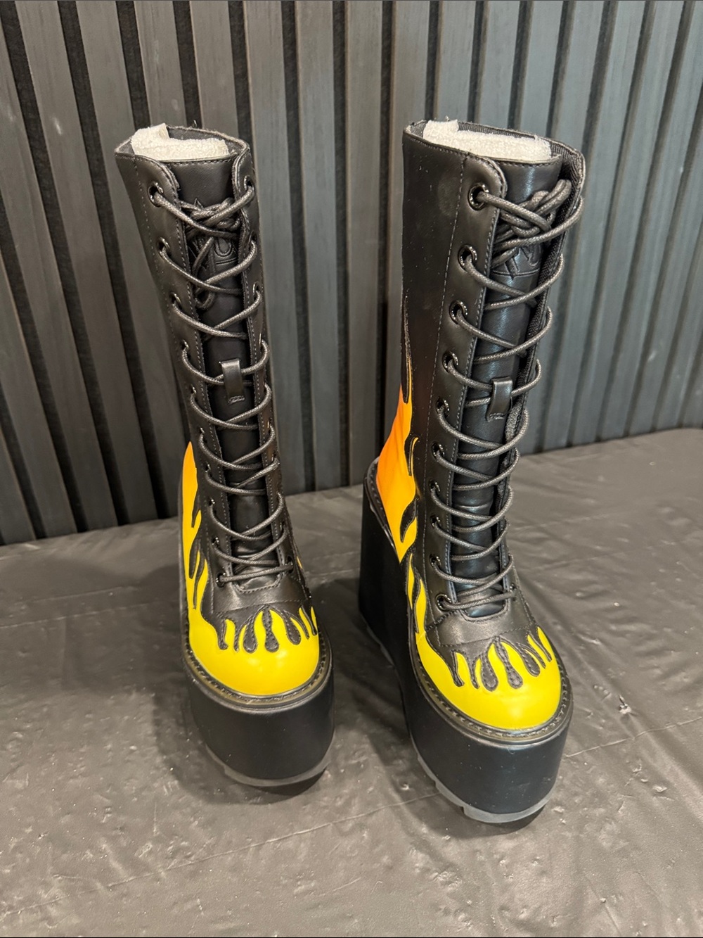 YRU Dune Flame Platform Boots with Yellow-Orange Flame